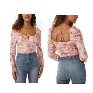 Free People Hilary Printed Keyhole Long Puff Sleeve Smocked Back Top Pink Combo